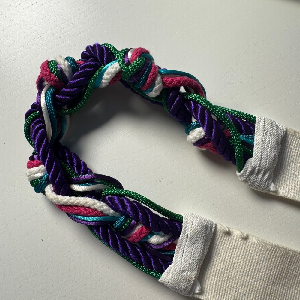 Vtg 80s Multi Color Braided Rope Belt Purple Green Pink Elastic Gold Maximalist